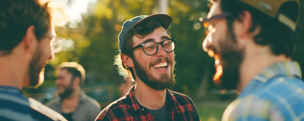 a man laughing with another man in the background