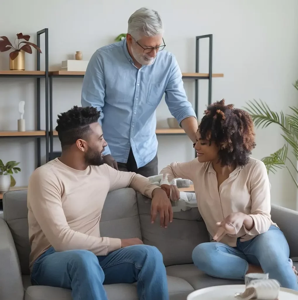 a group of people sitting on a couch